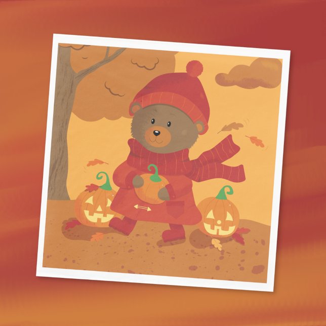 Höstbjörn med pumpa Halloween pappersservetter (Cute fall paper napkin featuring  a brown bear picking up a pumpkin for Halloween . )