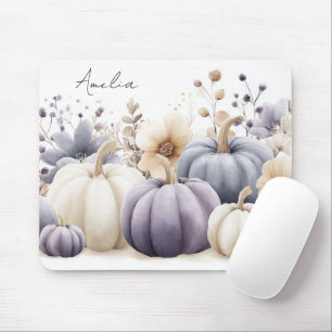 Höstblå och beige pumpor och blommor  musmatta