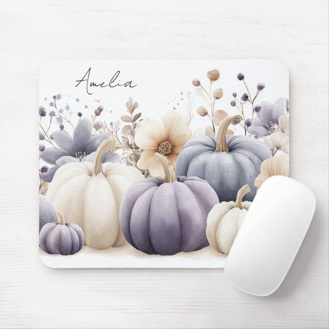 Höstblå och beige pumpor och blommor  musmatta (Med mus)