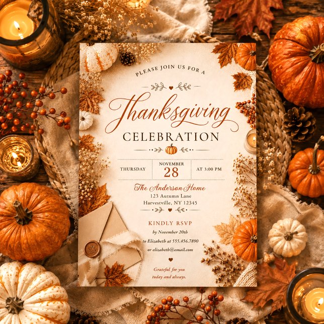 Höstblad Blommig Orange Pumpa Thanksgiving Inbjudningar (Skapare uppladdad)