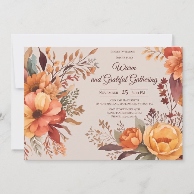 Höstblad Blommig Thanksgiving Friendsgiving  Inbjudningar (Framsida)