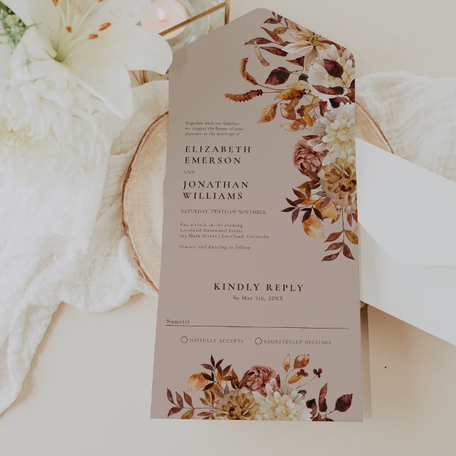 Höstblad Bröllop Allt-i-ett-inbjudan (Elegant Fall Leaves Wedding All In One Invitation by Painted Paperie
)