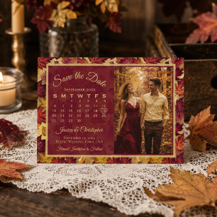 Höstblad Burgundy Kalender & Foto Bröllop Spara Datumet
