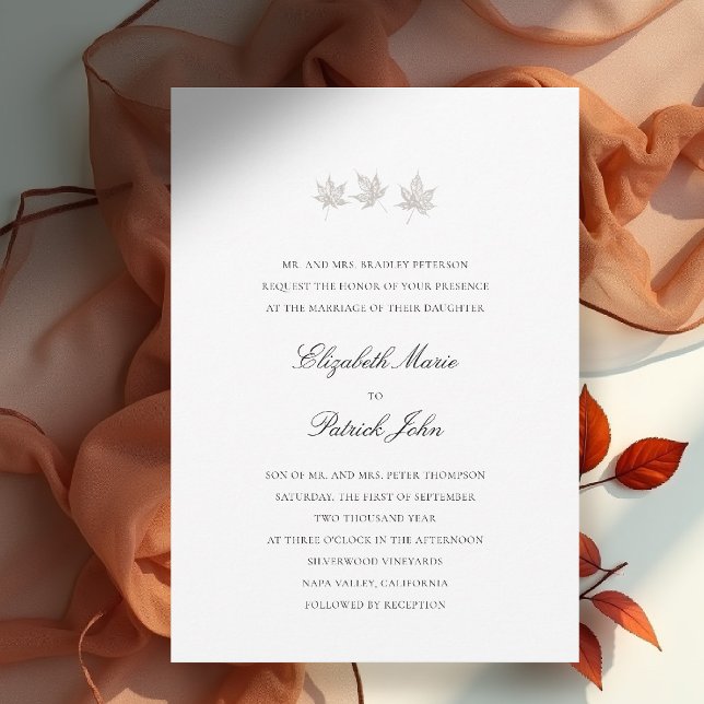Höstblad Formell Modern Klassisk Vit Bröllop Inbjudningar (fall leaves wedding invitation formal modern classic black tie autumn botanical elegant white)
