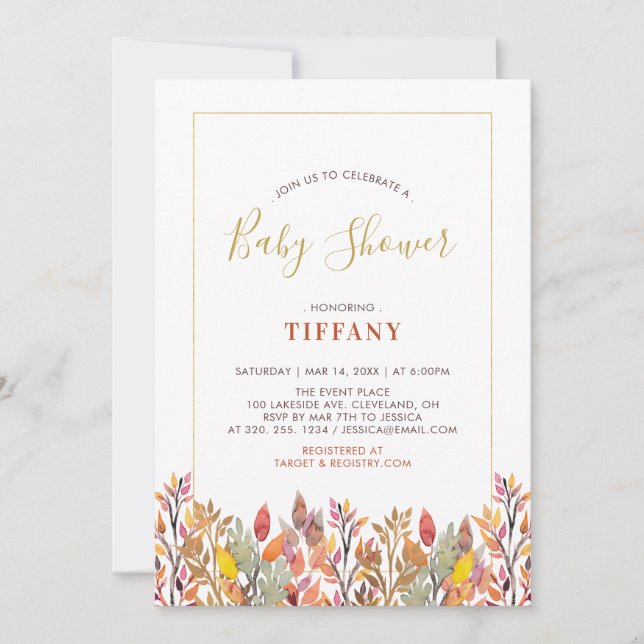 Höstblad & Guld Baby Shower / Sprinkle Inbjudningar (Framsida)
