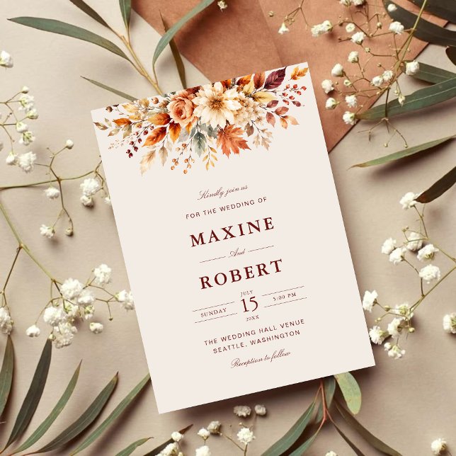 Höstblad Höst Botanisk Akvarell Bröllop Inbjudningar (Fall leaves botanical watercolor invitation brings cozy autumn charm to your special day.)
