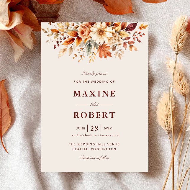 Höstblad Höst Botanisk Akvarell Bröllop Inbjudningar (Fall leaves botanical watercolor invitation celebrates your autumn wedding beautifully.)