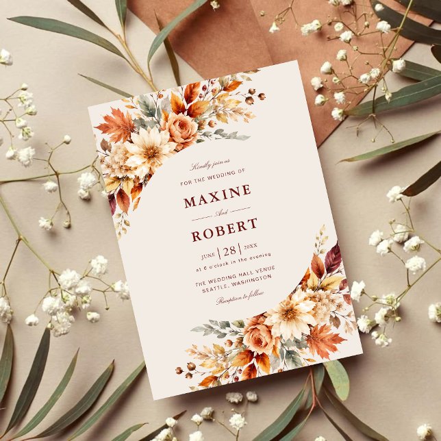 Höstblad Höst Botanisk Akvarell Bröllop Inbjudningar (Fall leaves botanical watercolor invitation brings cozy autumn romance to your wedding.)