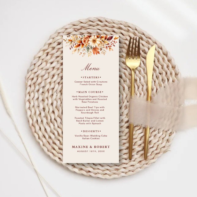 Höstblad Höst Botanisk Akvarell Bröllop Meny (Fall leaves botanical watercolor wedding menu with warm autumn charm and timeless style.)