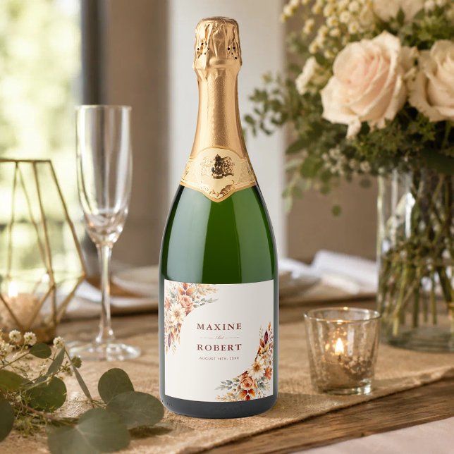 Höstblad Höst Botanisk Bröllop Gnistrande (Fall leaves autumn botanical sparkling wine label with warm seasonal charm.)