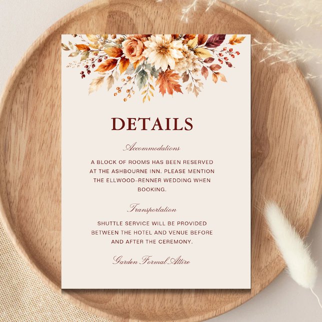 Höstblad Höst Botanisk Bröllopsinformation Tilläggskort (Fall leaves autumn botanical wedding details enclosure card with warm autumn charm.)