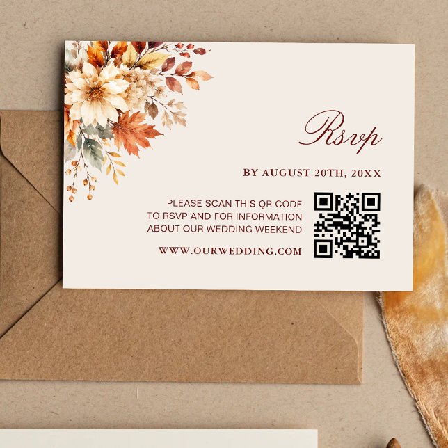 Höstblad Höst Botanisk QR-kod Bröllop OSA Kort (Fall leaves autumn botanical QR code wedding RSVP card with warm autumn charm.)