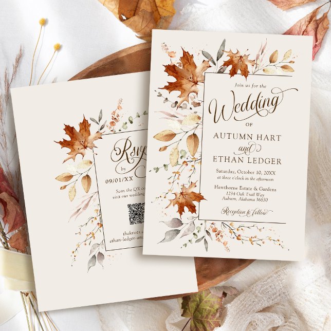 Höstblad Höst Elfenben Rustik Bröllopsinbjudan Inbjudningar (Elegant watercolor Autumn leaves modern ivory orange rustic  Fall QR code rsvp wedding invitation)