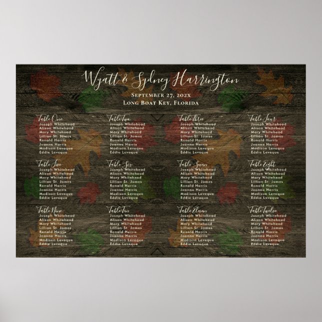 Höstblad Mörkt Trä Bord Placeringsplan Poster (Framsidan)