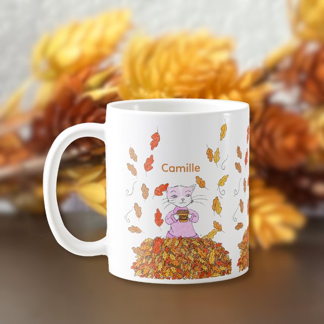 Höstblad och graciös katt Personlig mugg (Cute personalized mug for cat lovers . )