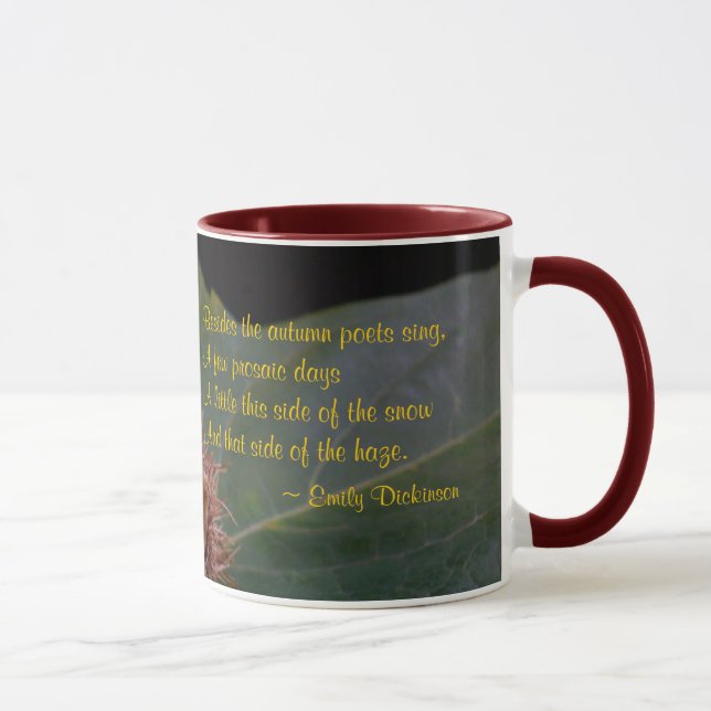 Höstblad och nöt med Dicknson-dikt keramikkopp Mugg (Höger)