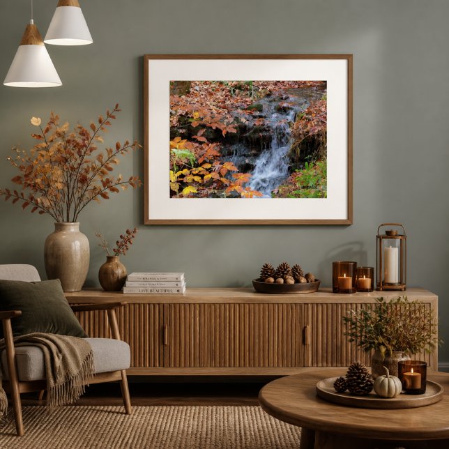 Höstblad och vattenfall Fotoaffisch Poster (Framed mockup of an enlarged photo print showcasing natural beauty)