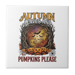 Höstblad Pumpa Snälla Halloween Kuslig Träd Kakelplatta