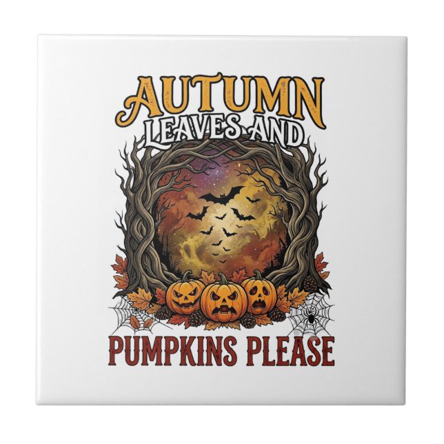 Höstblad Pumpa Snälla Halloween Kuslig Träd Kakelplatta (Framsidan)
