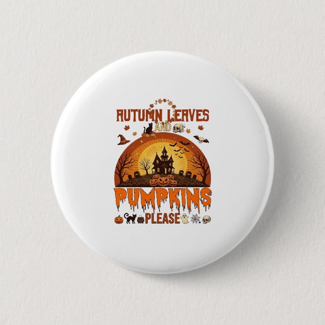 Höstblad Pumpor Vänligen Halloween Spökhus Knapp (Framsida)