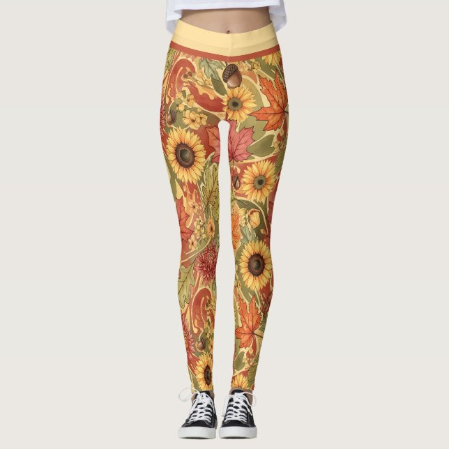 Höstblad, Solros, Ekollon Mönster Leggings (Framsida)