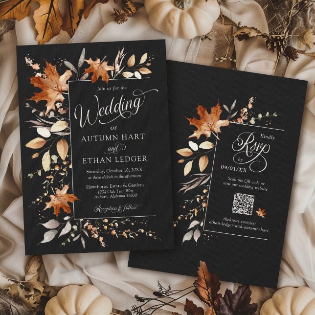 Höstblad Svart Höst Blommig Rustik Bröllop Inbjudningar (Elegant watercolor Autumn leaves modern black orange rust Fall QR code rsvp wedding invitation)