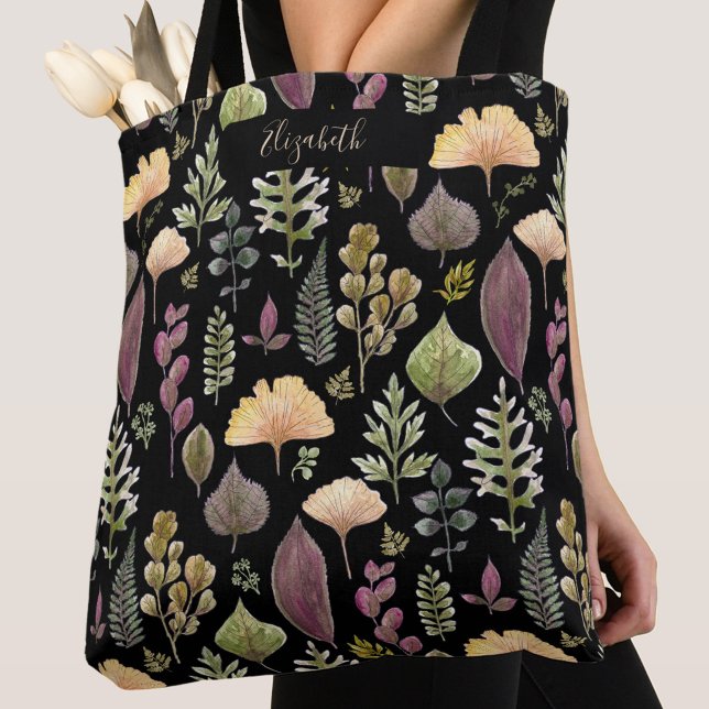 Höstblad Svart Totebag med eget namn Tygkasse (Skapare uppladdad)