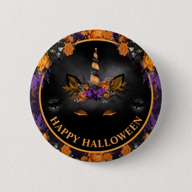 Höstblomma Enhörning Ansikte Glad Halloween Knapp (Framsida)