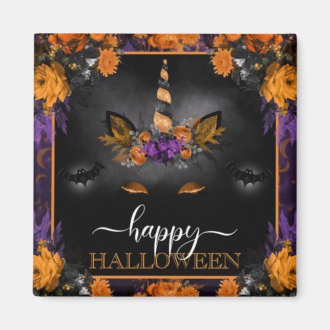 Höstblomma Enhörning Ansikte Glad Halloween Magnet (Framsidan)