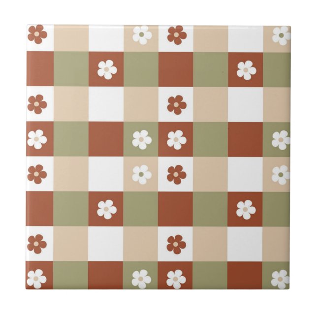 Höstblomma Gingham Rutigt Mönster Kakelplatta (Framsidan)