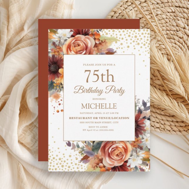 Höstblomma Guldglitter 75-årsfirande Inbjudningar (Rustic autumn floral, burnt orange and terracotta watercolor floral 75th birthday party invitation)