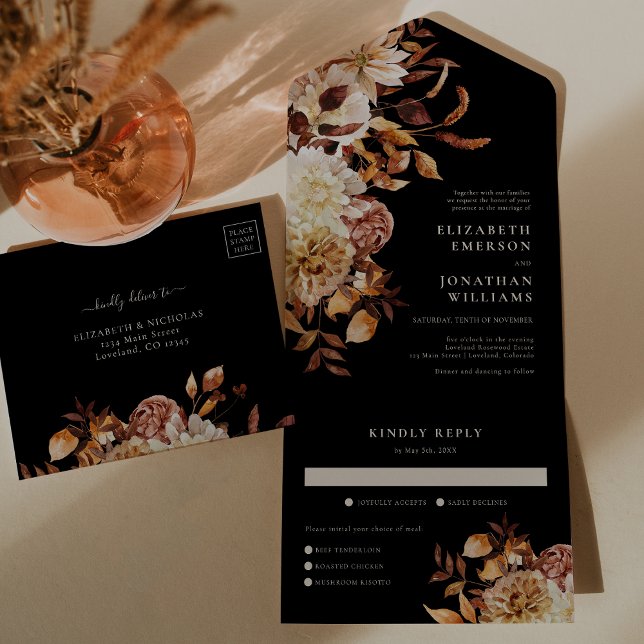 Höstblomma med måltid Bröllop (Fall Floral with Meals Wedding All In One Invitation
)