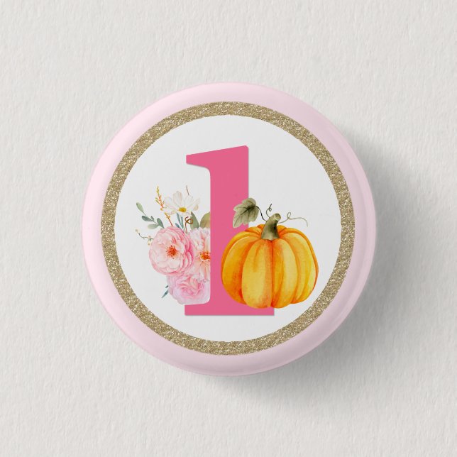 Höstblomma Pumpa Baby Flickas 1-årsdag ETT Knapp (Framsida)
