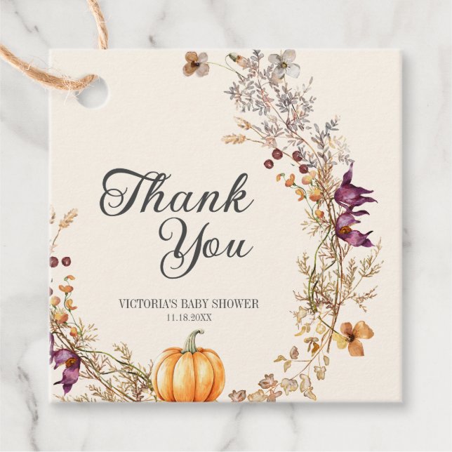 Höstblomma Pumpa Boho Bebis Shower Gåvor Etiketter (Framsida)