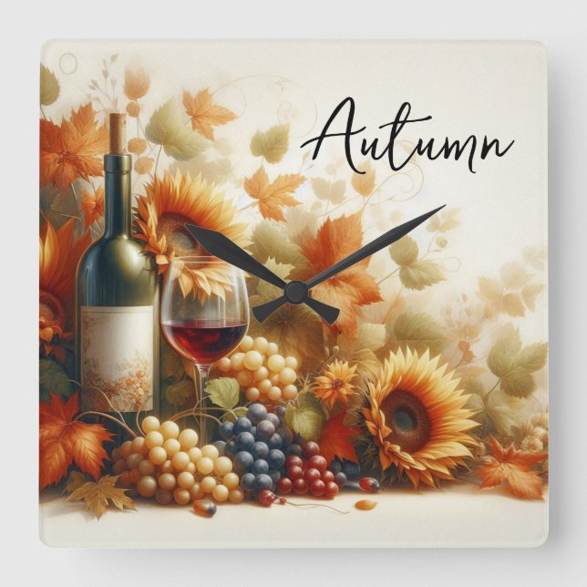 Höstblomma, solblommor, Vin och druvor Fyrkantig Klocka (Framsida)