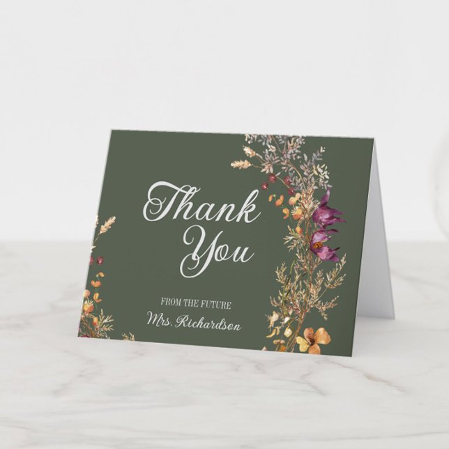 Höstblommig Boho Bröllopsdusch Vikta Tack Kort (Fall Bridal Shower Thank You Cards from the Future Mrs., Green Wildflower Floral, Autumn Flowers)
