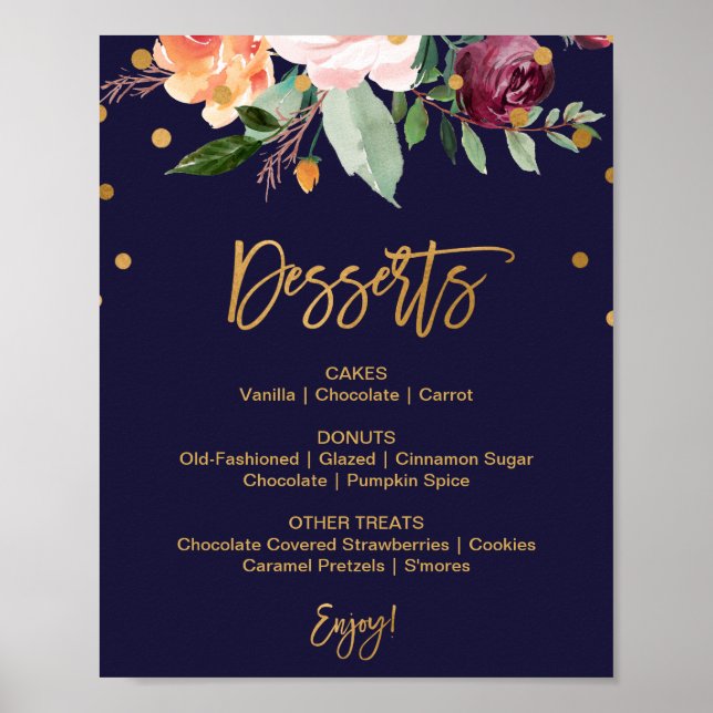 Höstblommig bröllopsdessertmeny-skylt poster (Framsidan)