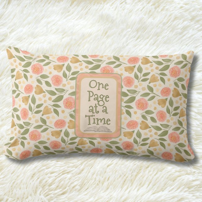 Höstblommig kudde med texten En sida i taget (Autumn Floral Throw Pillow – One Page At A Time Book Lover Gift)