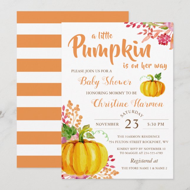 Höstblommig liten pumpa baby shower inbjudan (Fram/baksida)