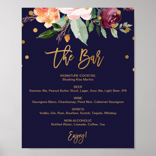 Höstblommig meny för bröllopsbaren poster (Framsidan)