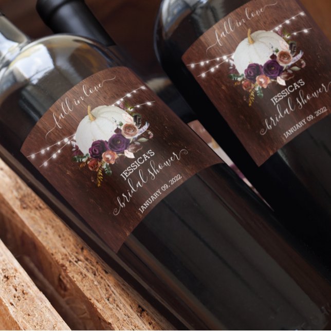 Höstblommig pumpa trä bröllopsdusch vinflaska etikett (Skapare uppladdad)