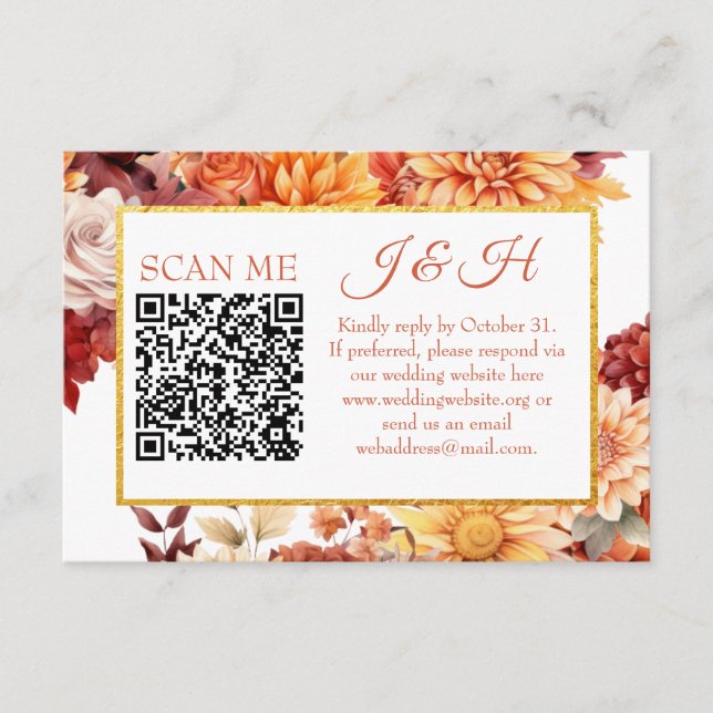 Höstblommig QR-kod RSVP Bröllopsbilaga Tilläggskort (Framsida)