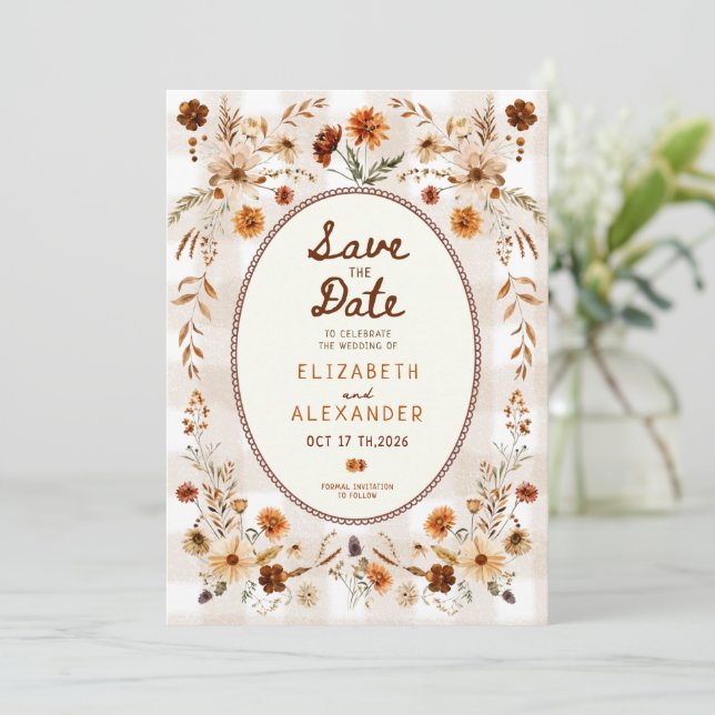 Höstblommig rustik boho höstbröllop spara datumet (Stående Fram)