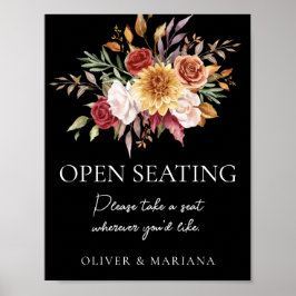 Höstblommig svart bröllops öppen sittplatssköld poster