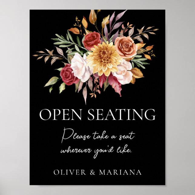 Höstblommig svart bröllops öppen sittplatssköld poster (Framsidan)