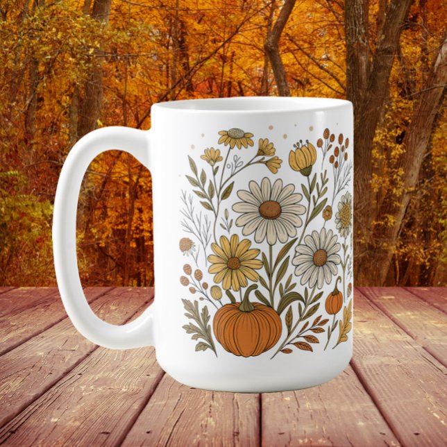 Höstblommiga pumpor Vilda blommor Dekoration Kaffemugg (Wildflowers and pumpkins Thanksgiving/fall/autumn mug)