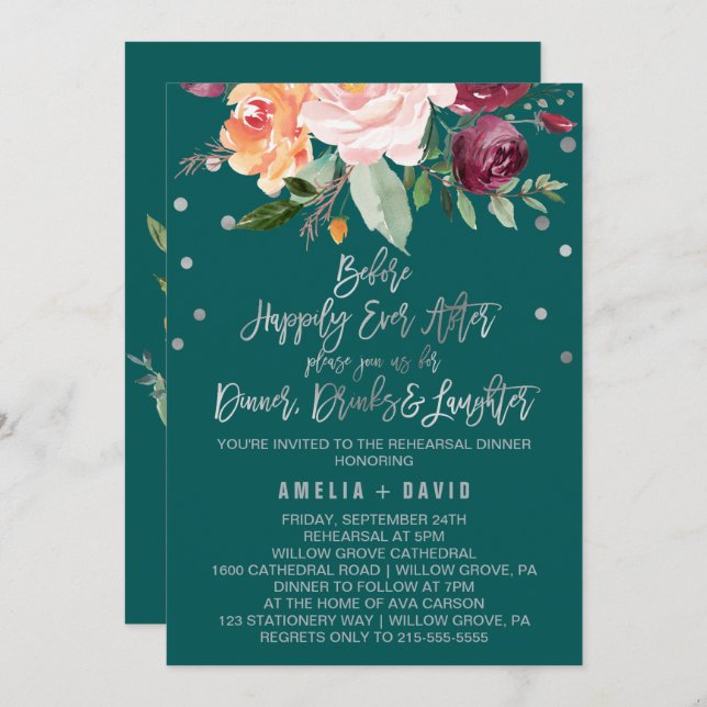HöstBlommigt | Teal Rehearsal Middag Inbjudningar (Fram/baksida)