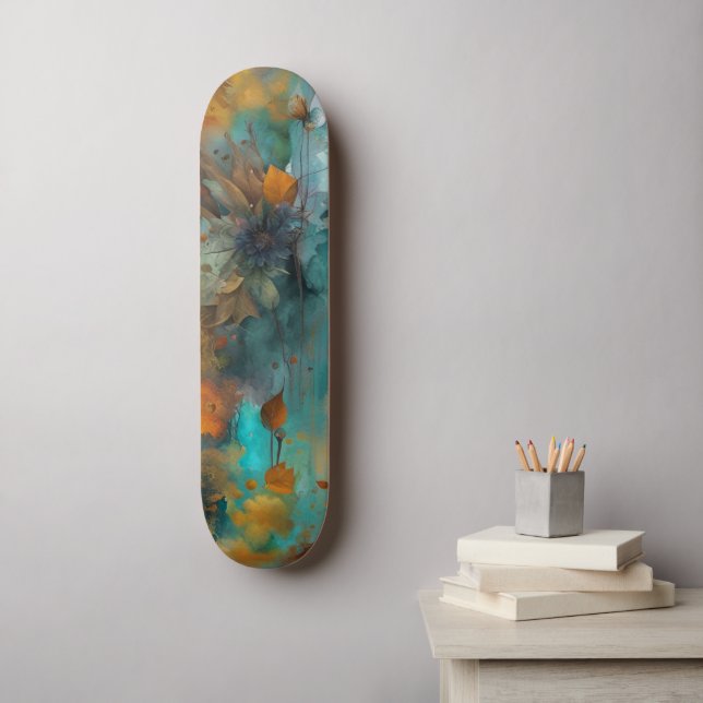HöstBlommigt Teal Rust Guld Abstrakt Mini Skateboard Bräda 18,5 Cm (Väggkonst)