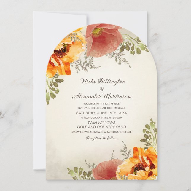 HöstBlommigten Bränd Orange Rustic Arch Bröllop Inbjudningar (Framsida)