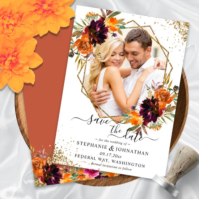HöstBlommigten Terracotta sparar datumet Inbjudningar (Autumn Floral Terracotta Save The Date Invitation)